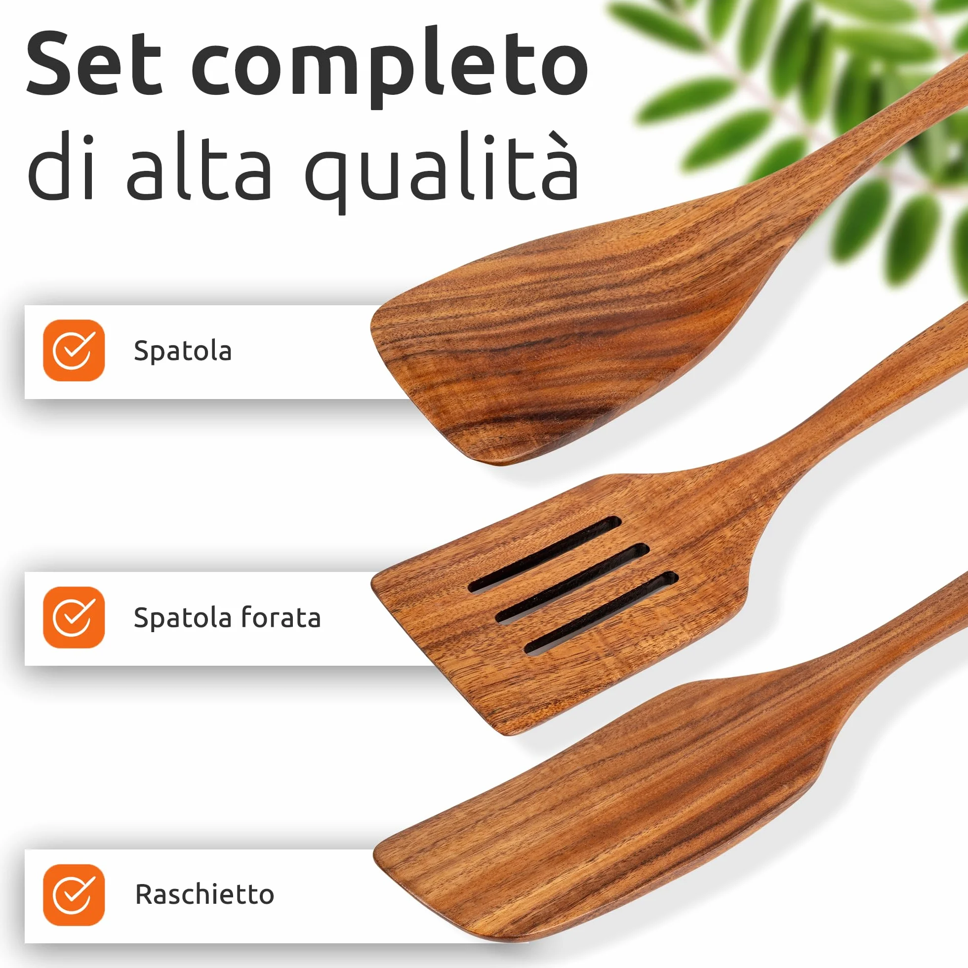 ECENCE Set di Spatole in Legno di Acacia 3 Pezzi - Resistenti al Calore per Padelle Antiaderenti