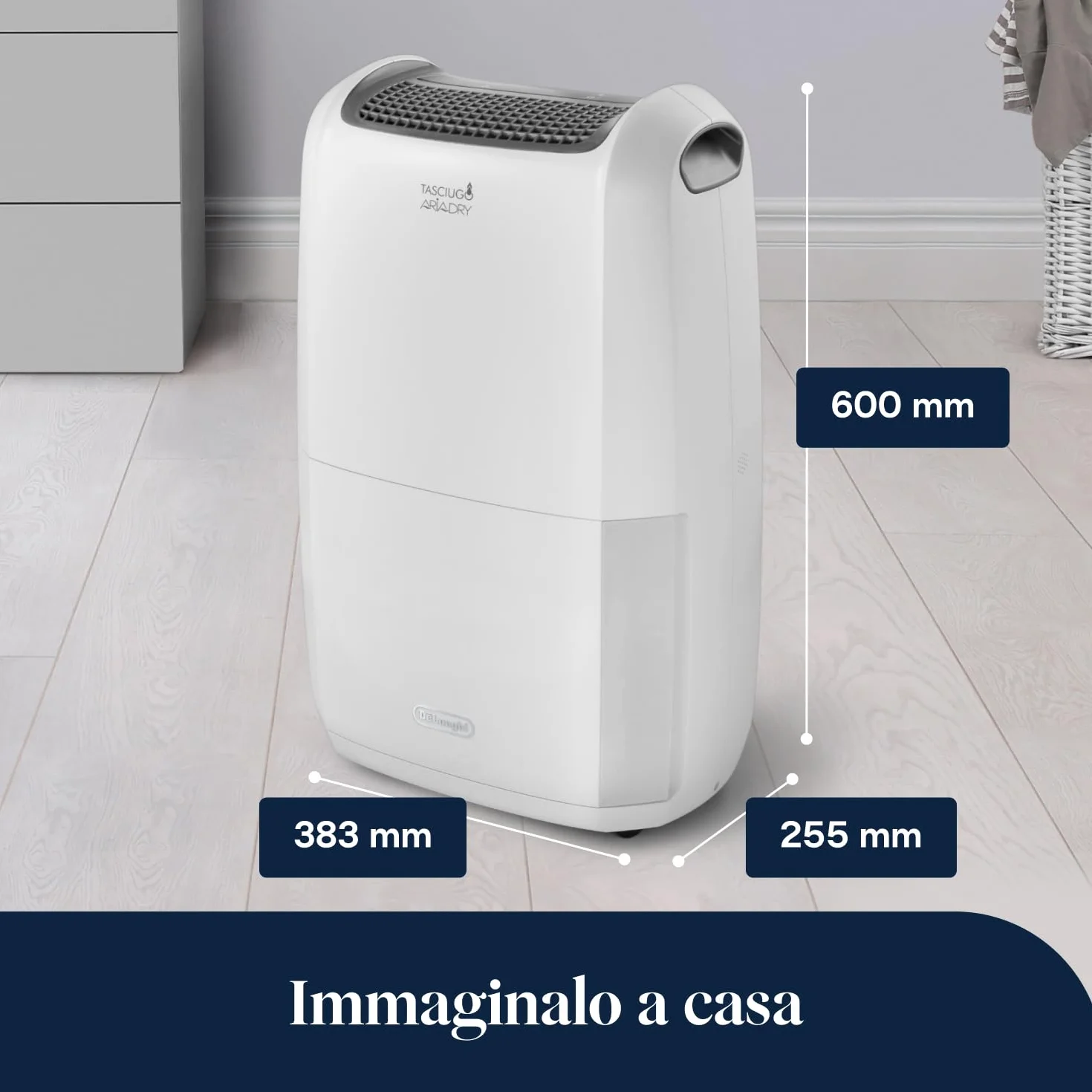 De'Longhi Tasciugo AriaDry Multi - Deumidificatore Casa Portatile, Assorbi Umidità 20L/Giorno, Asciugabiancheria, Antimuffa, Bassa Rumorosità, Timer, Bianco (DDSX220)