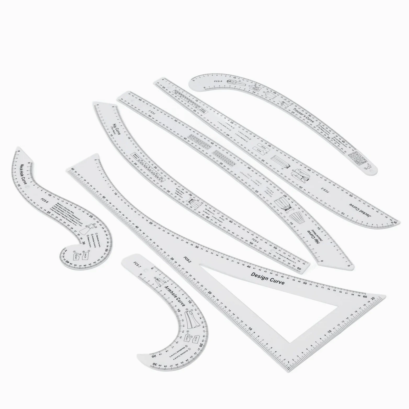 Set di 7 righelli per cucire su misura Set di righelli per design di modelli di moda in scala ad alta precisione trasparenti per realizzare bozze di modelli