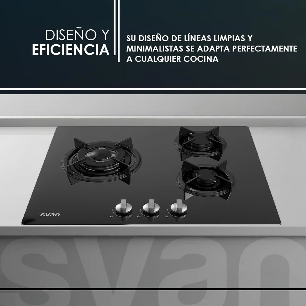 Svan Encimera de Gas SGW3601N 3 Quemadores Integrable Quemador WOK triple llama Cristal negro