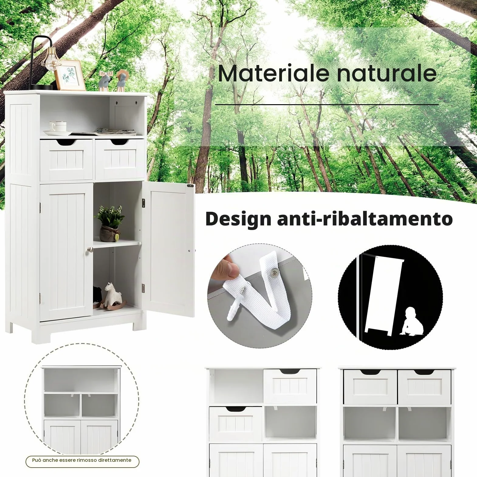 KOMFOTTEU Mobile da Bagno con 2 Cassetti e 2 Armadi a Porta, 60 x 30 x 109 cm, Armadietto da Terra Autoportante in MDF, Armadio d’Archivio per Soggiorno, WC, Camera da Letto, Cucina (Bianco)
