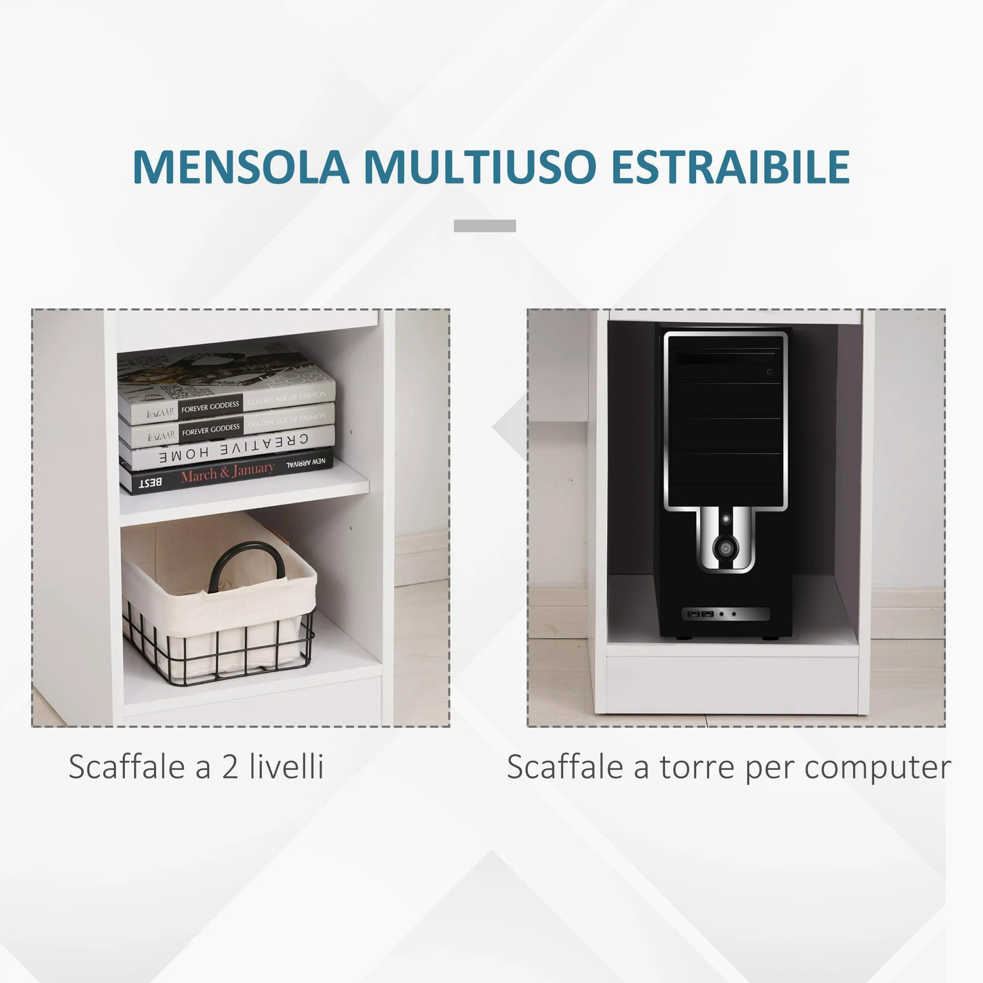 HOMCOM Scrivania per Computer Compatta, Scrivania PC Fisso in Legno Bianco con Ripiano Tastiera Estraibile e Mensole 104x48x95.5cm