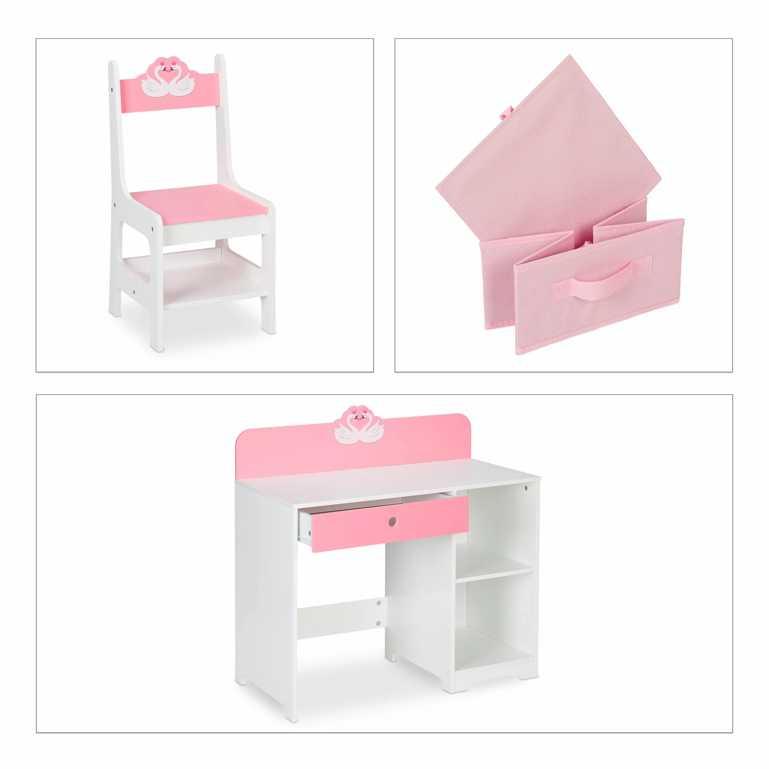 Relaxdays Scrivania e Sedia per Bambini, con Cassetto e 2 Ripiani Aperti, in MDF, Design Cigni Innamorati, Bianco Rosa
