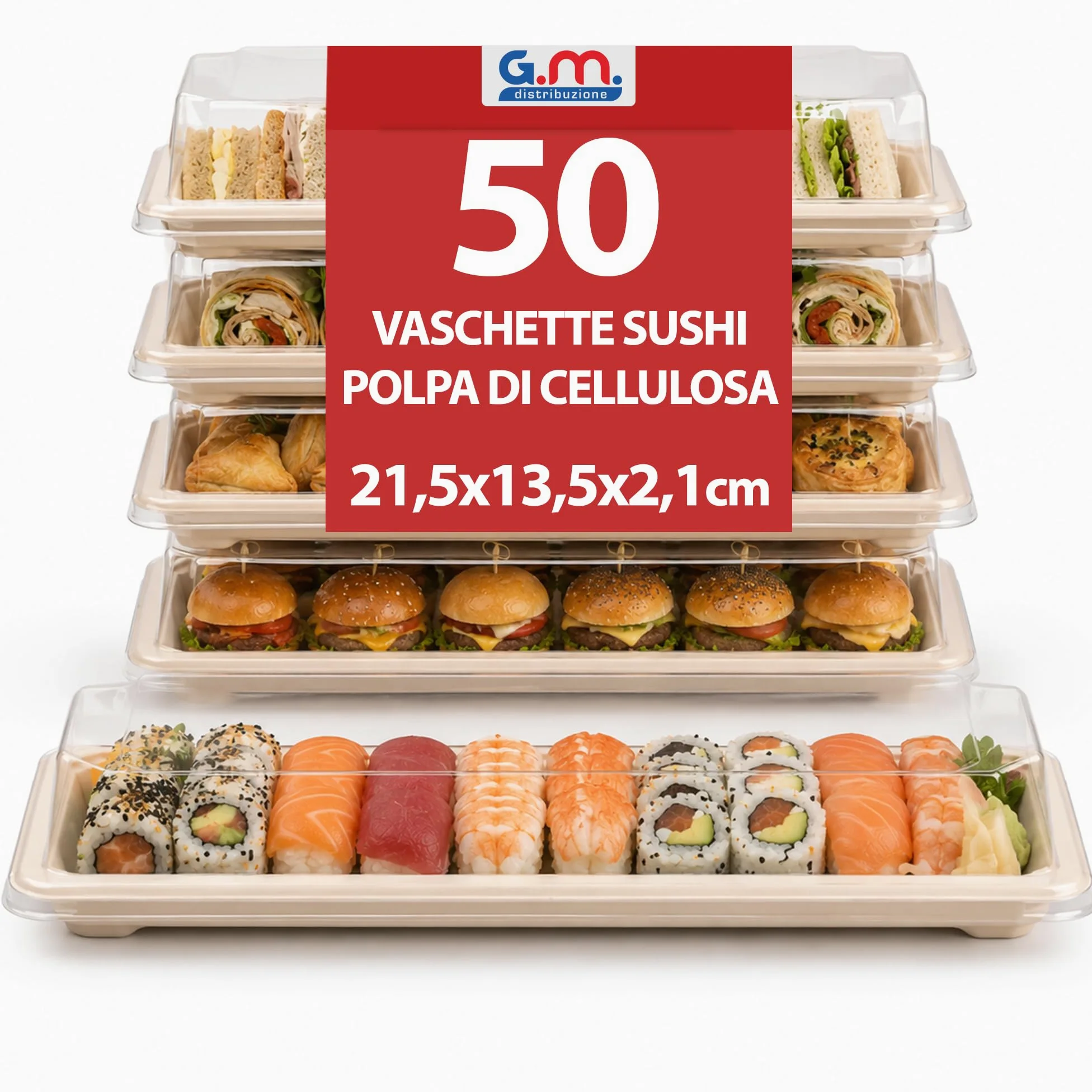 GM 50 Vassoi Sushi in Polpa di Cellulosa 21,5x13,5x2,1 cm con Coperchio PET Trasparente, Contenitori per Sushi, Sashimi, Buffet e Take Away