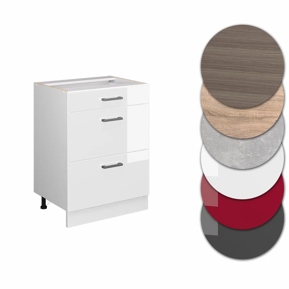 Vicco Mobiletto base per cucina R-Line, Bianco lucido, 60 cm con cassetti, senza piano di lavoro, per la libera combinazione all'interno di sistemi cucina modulari
