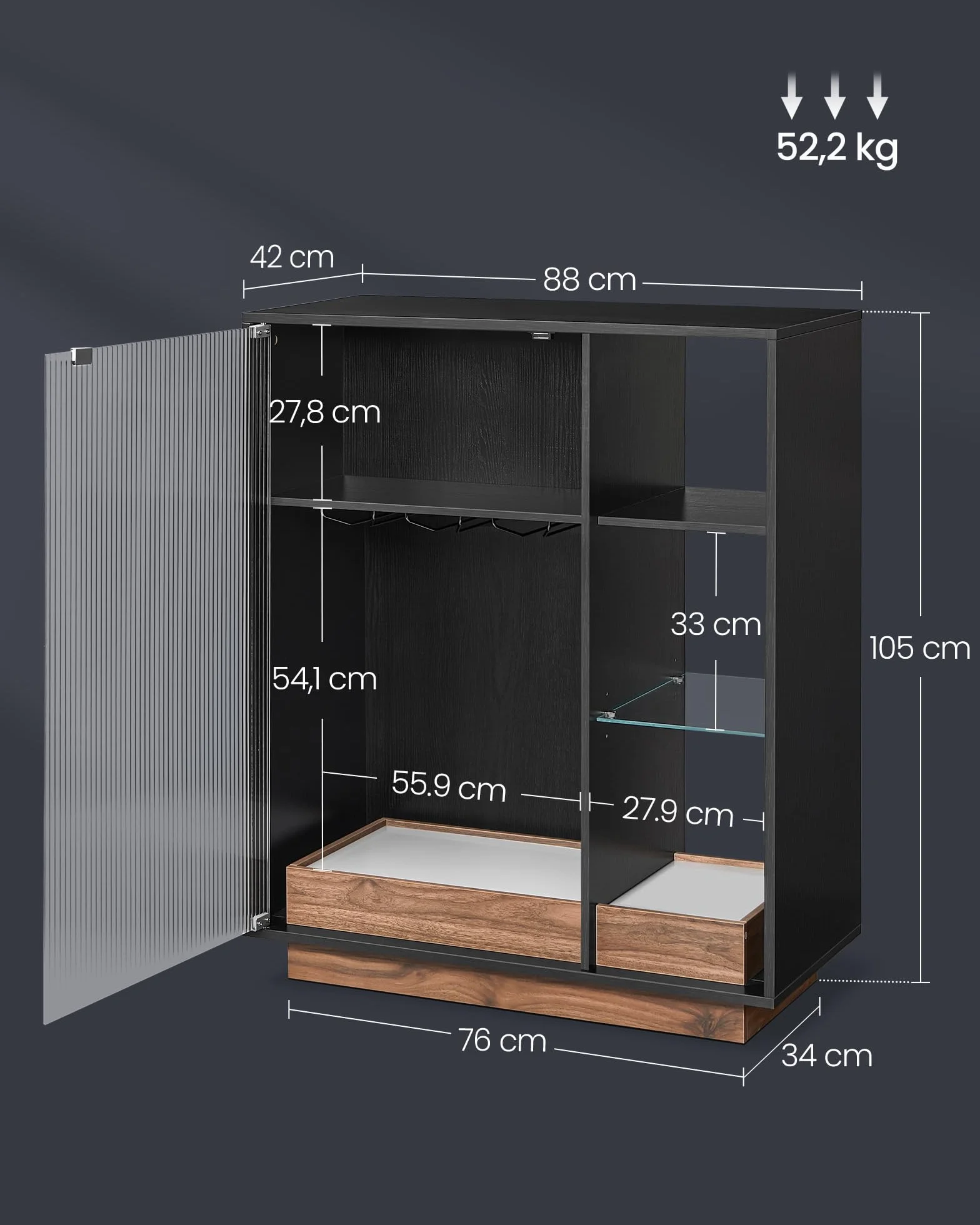 VASAGLE Mobiletto Bar con Illuminazione, Credenza con Luce LED e Spazio per Vino, Angolo Bar per Liquore, con Porta Calici, Anta in Vetro Scanalato, per Salotto, Nero Ebano BBK361B21