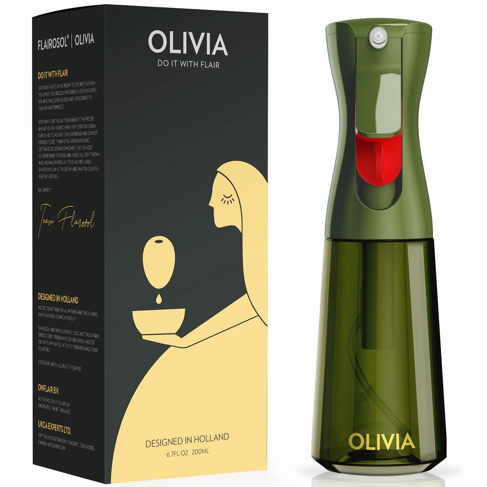 FLAIROSOL OLIVIA Spruzzatore di Olio in Vetro 200ml - Tecnologia a Spruzzo Continuo con Controllo Porzioni Verde