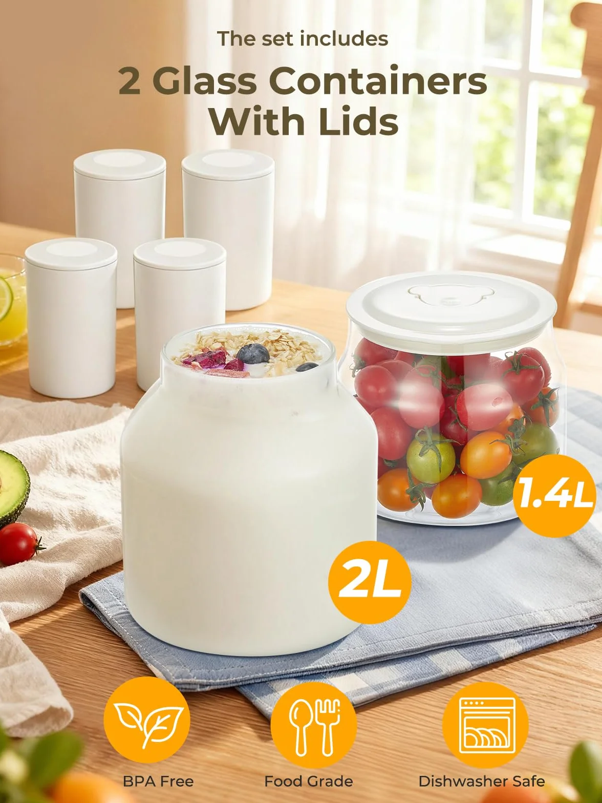 FOHERE Yogurtiera Elettrica con 2 XXL Vasetti da 2000 ml e 1400 ml, 4 * 125 ml Contenitori con Coperchio, 8 Programmi Preimpostati, Accessori per Yogurt Greco, Timer Digitale, 100% BPA Free