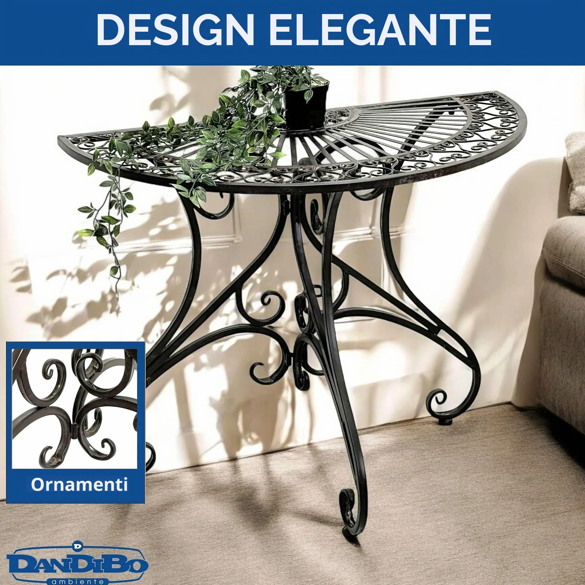 DanDiBo Vigo 19511 - Tavolino da parete semicircolare, in metallo, 90 cm, stile vintage anticato