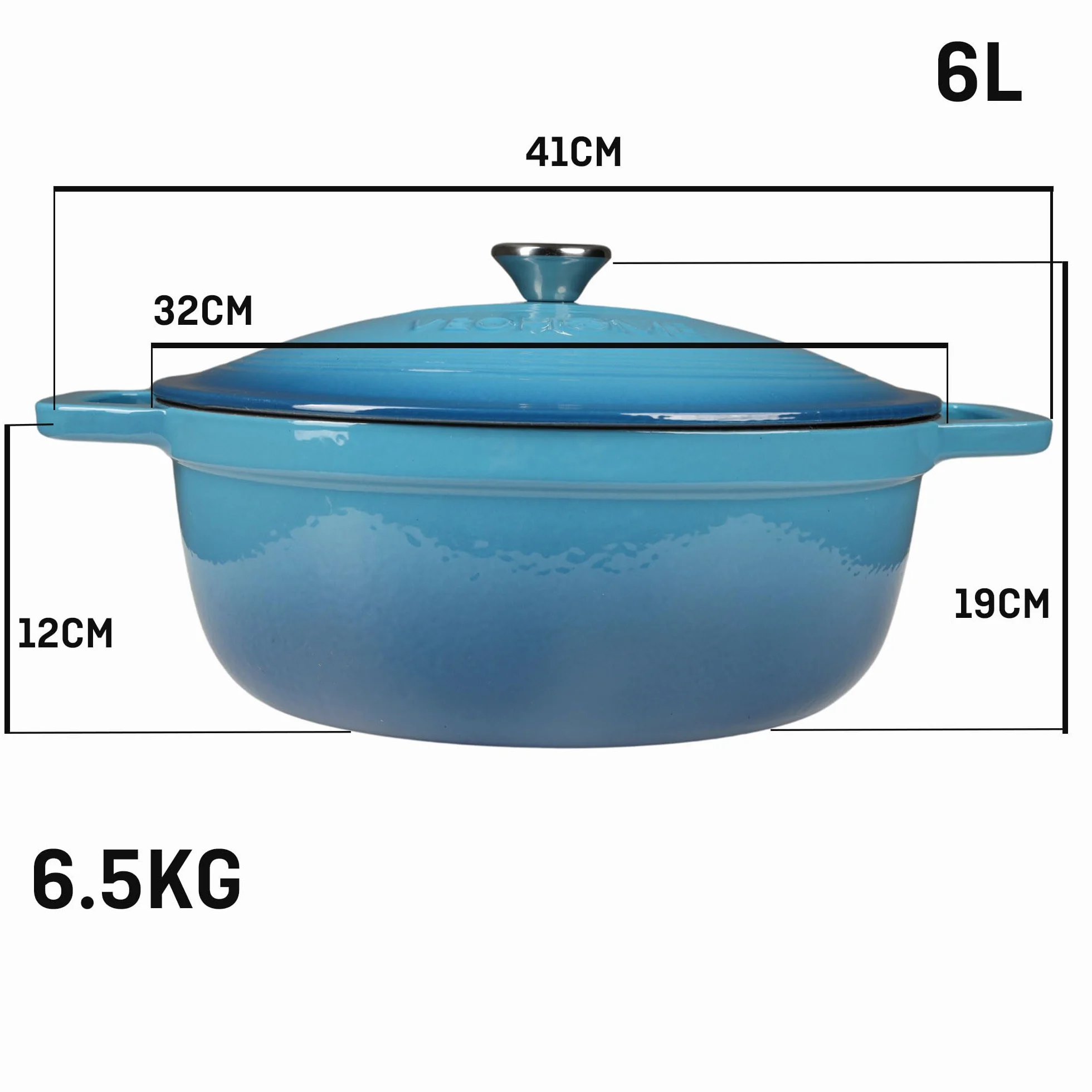 Casseruola in ghisa smaltata VeoHome Blu 6L Ovale, Robusta, Compatibile con Induzione / Gas / Forno, Cottura Omologa, Sapori Autentici, Coperchio in Rilievo