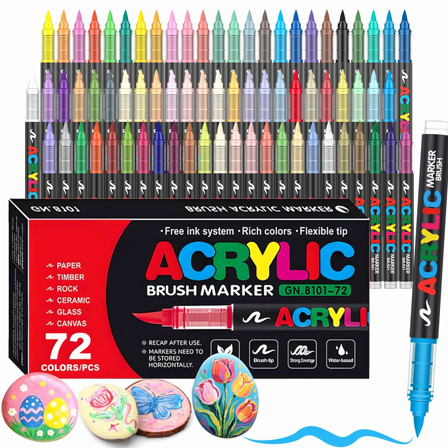 Pennarelli Acrilici a Punta a Pennello, Set 72 Marker Acrilici Impermeabili per Sassi Vetro Ceramica Legno Tessuto, Colori Asciugatura Rapida
