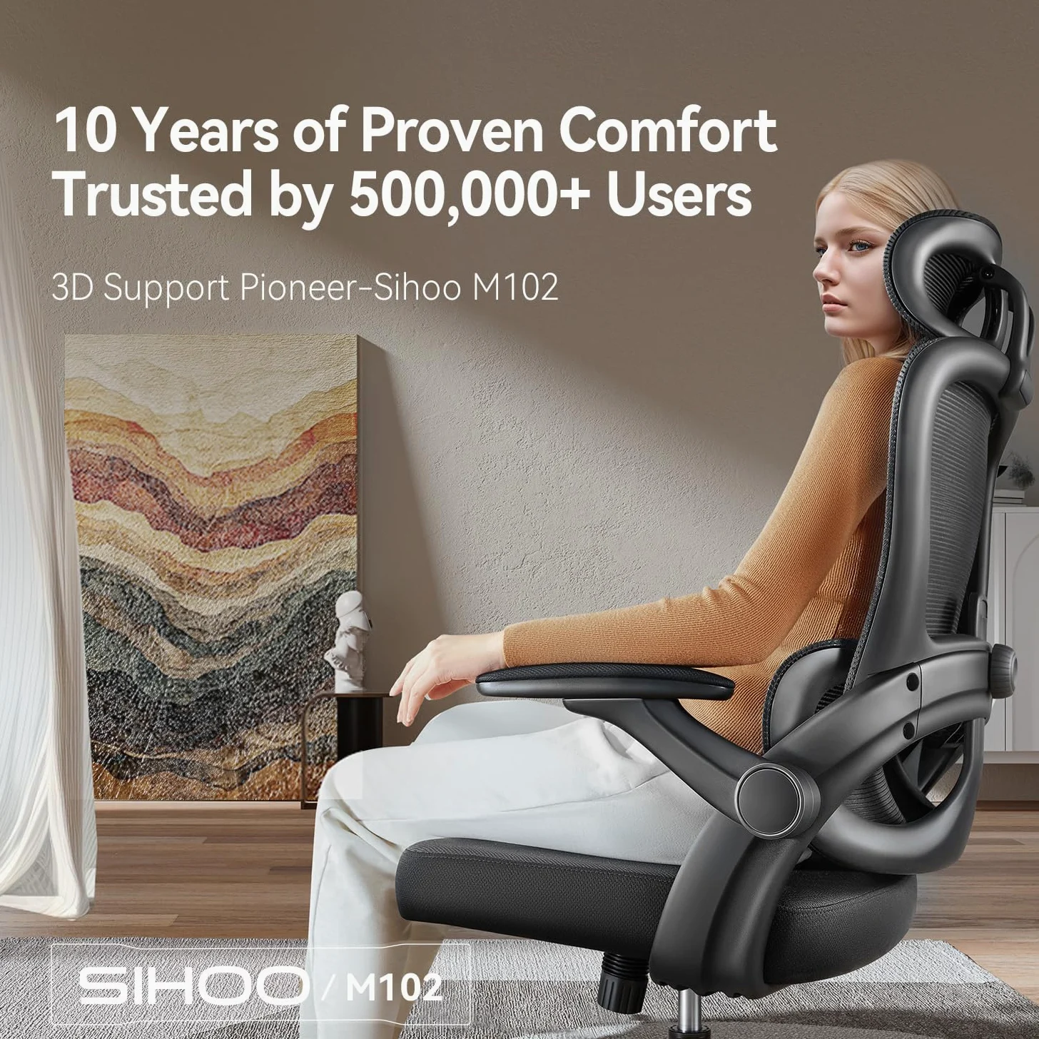 SIHOO M102C Sedia Ergonomica da Ufficio con Braccioli Ribaltabili, Supporto Lombare Regolabile, Design Ergonomico per Scrivania e Uso Domestico - Nero