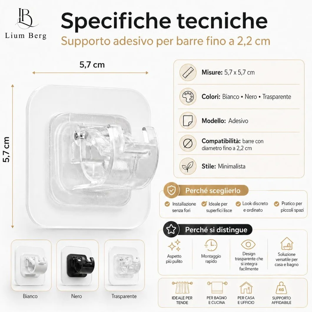 Ganci per Tende Senza Bucare Infissi PVC Adesivi - Supporto Reggi Bastone Autoadesivo Forte, Trasparente