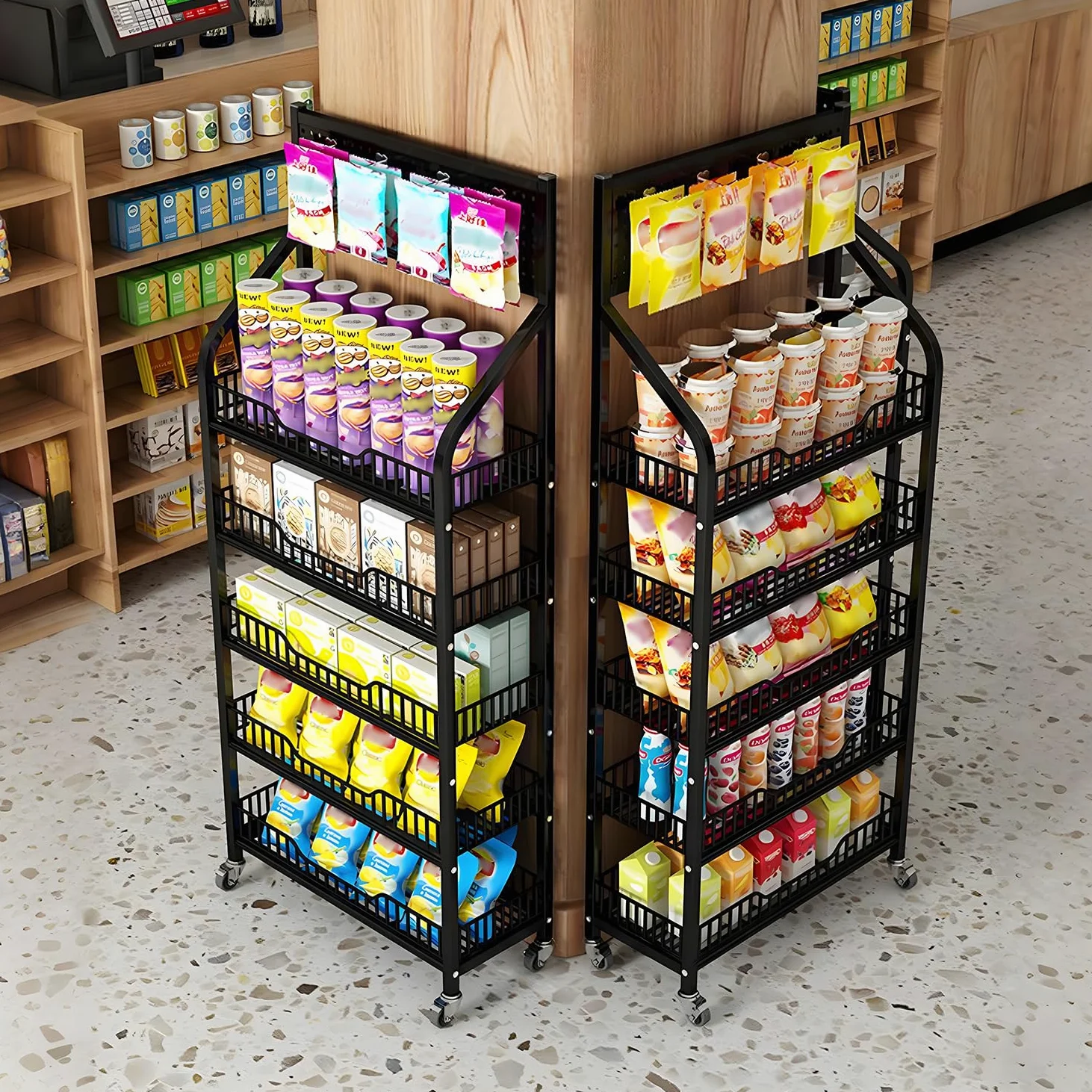 Espositore snack per vendita al dettaglio, scaffali vendita a 5 piani, carrello espositivo caramelle con ruote e ganci, organizer in metallo per dispensa