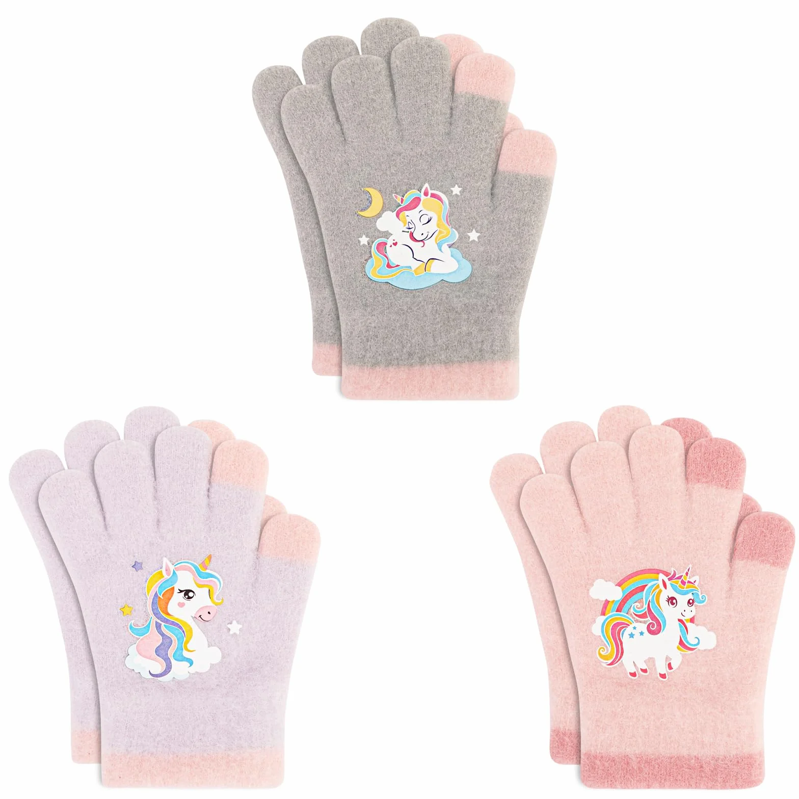 Guanti caldi in maglia per bambini, morbidi guanti termici elasticizzati invernali, muffole a dita intere con unicorno
