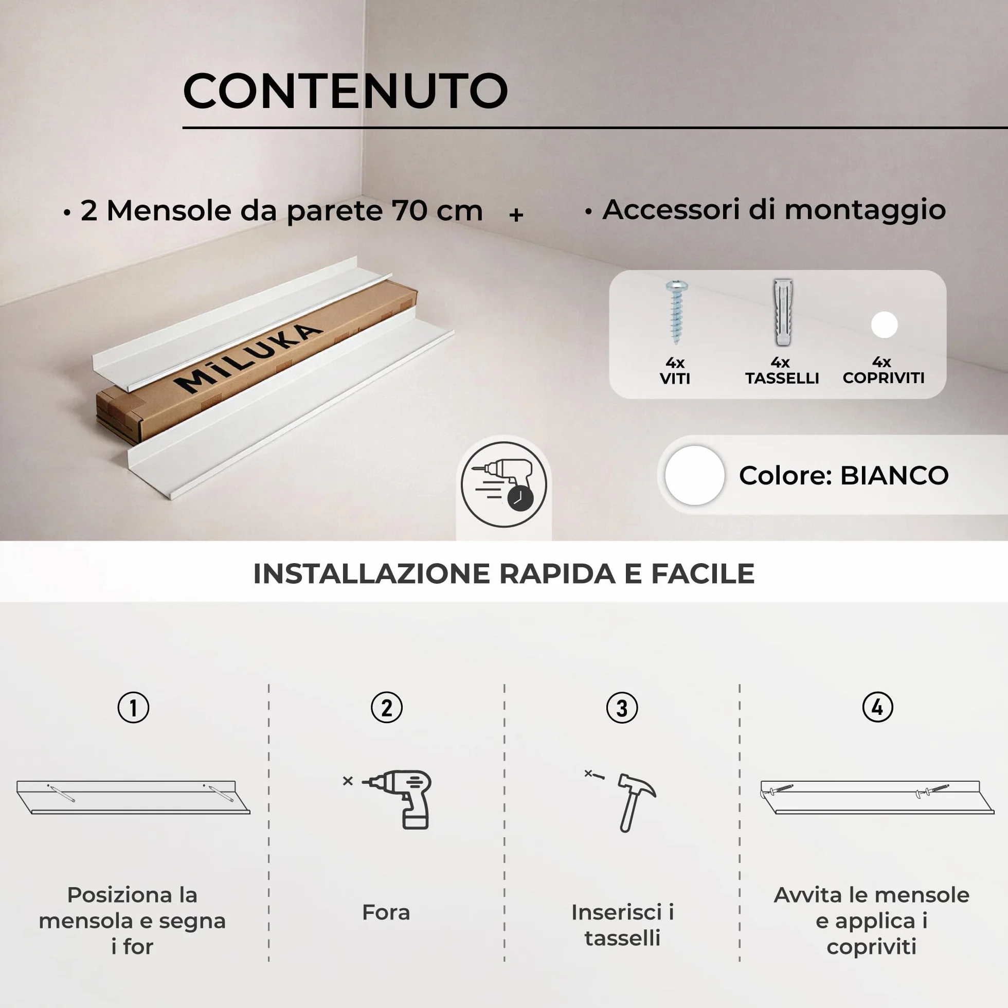 MILUKA Mensola da Muro Sospesa 70x10 cm Bianco Mensola Stretta in Metallo