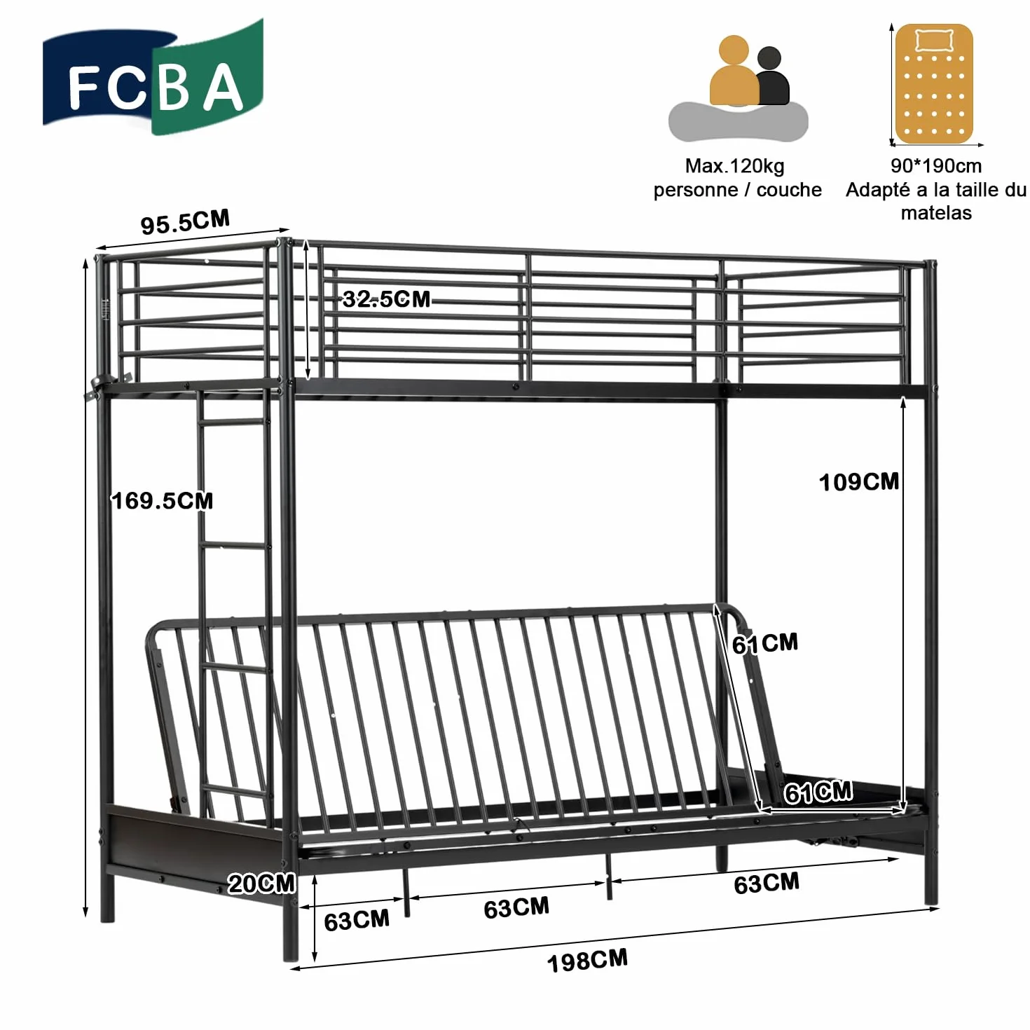 MEUBLE COSY Letto a Castello 90x190 cm con Divano Trasformabile e Rete a Doghe in Metallo, Stile Industriale, Letti per Camerette, Bambini, Adulti, Casa, Nero