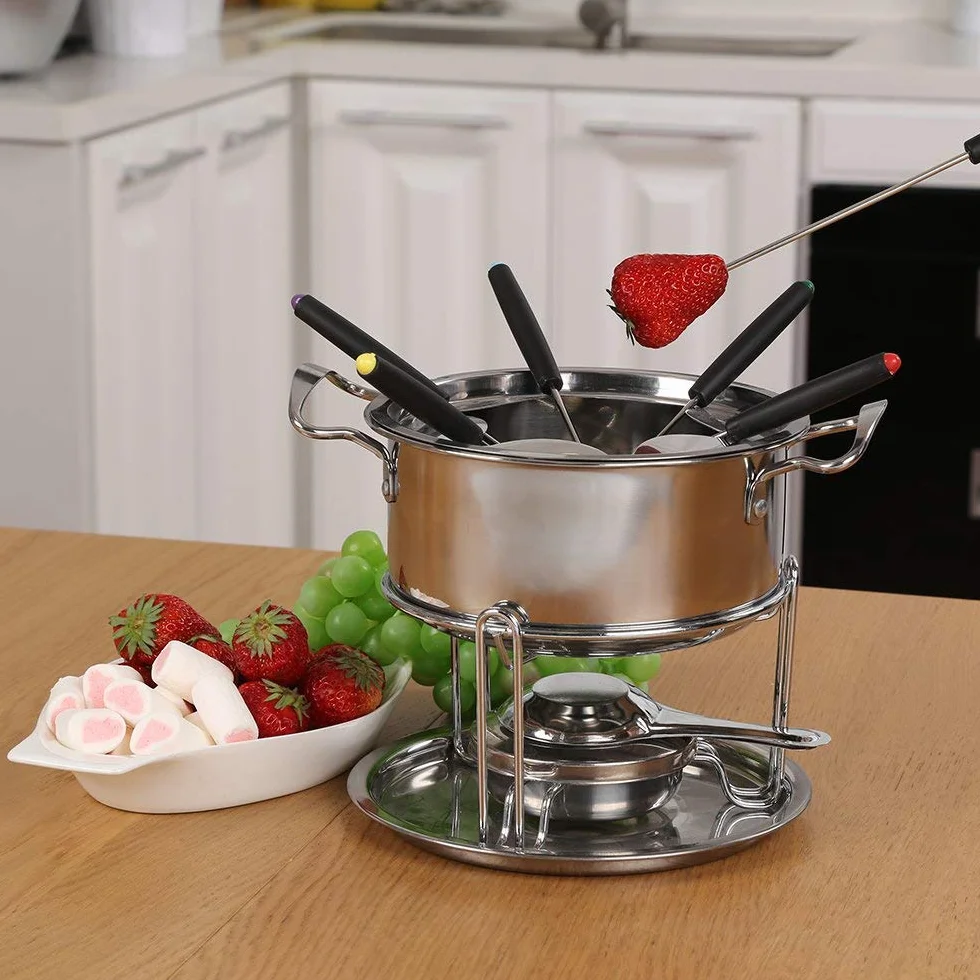 Set Fonduta Formaggio Acciaio Inox 6 Persone Fondue Bourguignonne con Forchette Bruciatori Argento