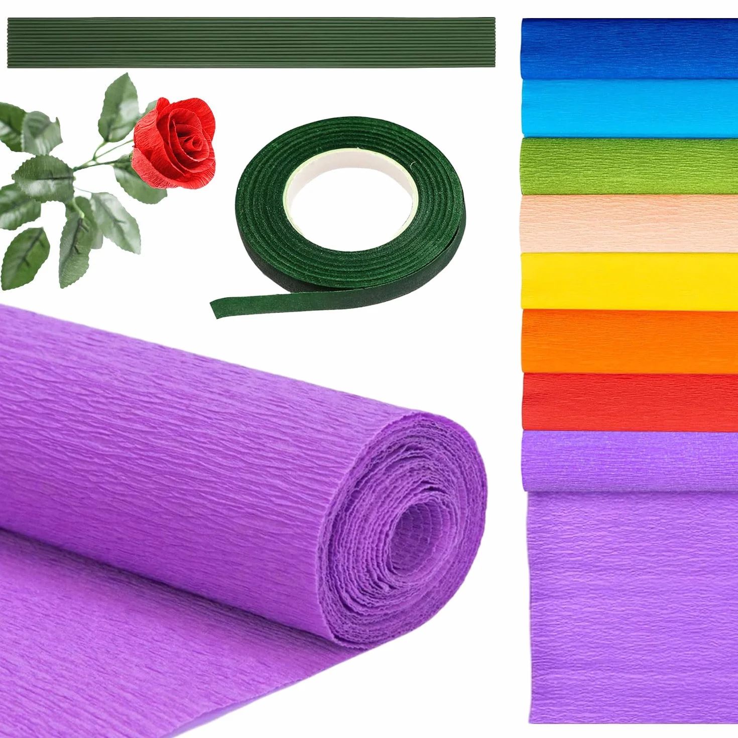 Carta Crespa Colorata 8 Colori 25x250cm con Nastro Verde e Steli Filo Floreale