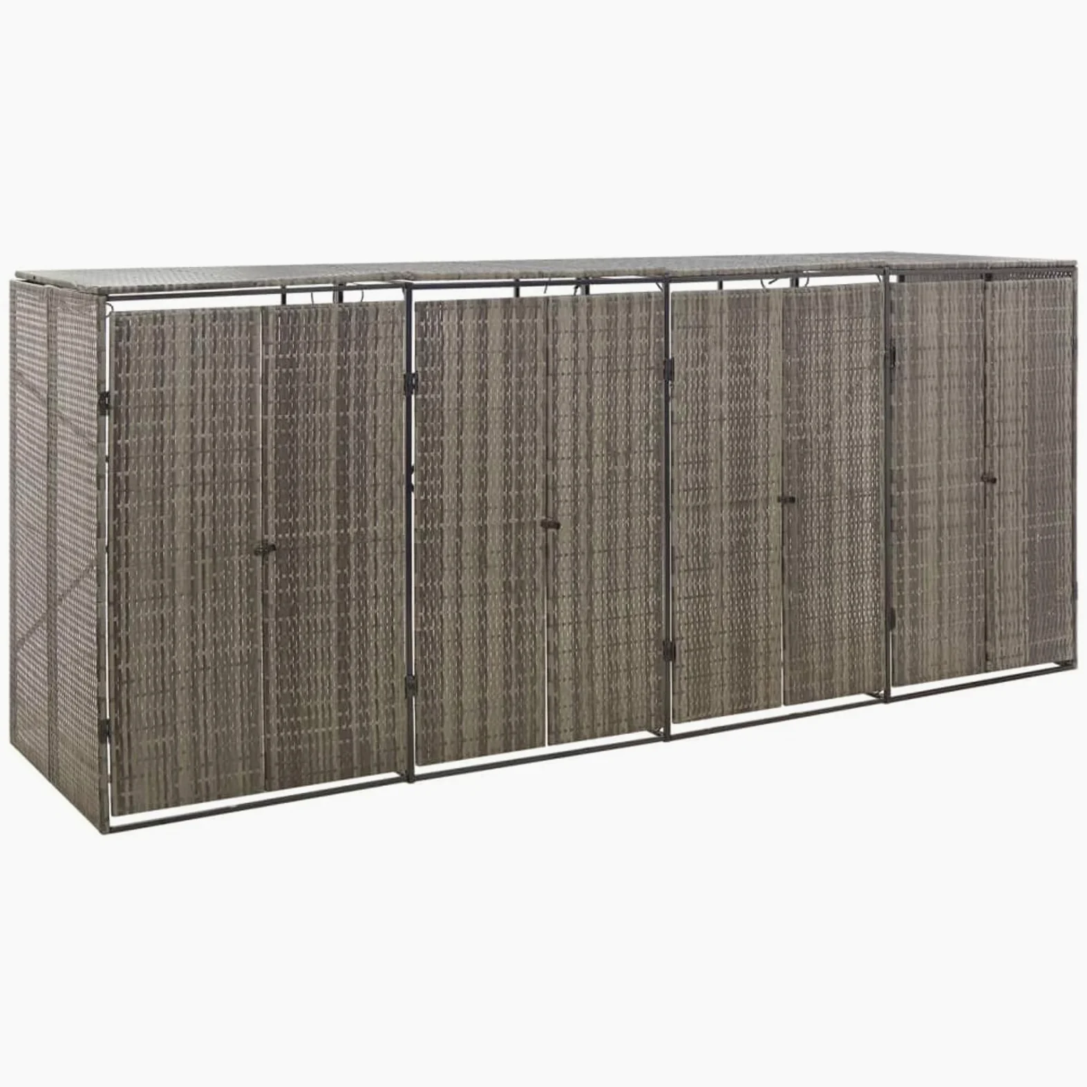 Copribidoni Spazzatura Esterno, Bidoni Spazzatura Esterno, Contenitori Rifiuti Esterno, Porta Bidoni Spazzatura Esterno 4 Bidoni, Copribidone Quadruplo, in Polyrattan Grigio 274x80x117 cm