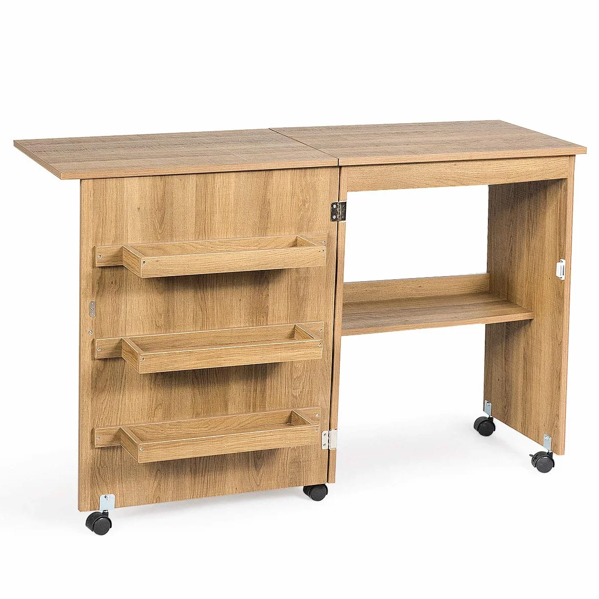 GOPLUS Mobiletto Cucito Pieghevole con Mensole e 5 Ruote Armadietto per Cucito Tavolo Allungabile per Macchina da Cucire 117x77x40 cm (Legno)