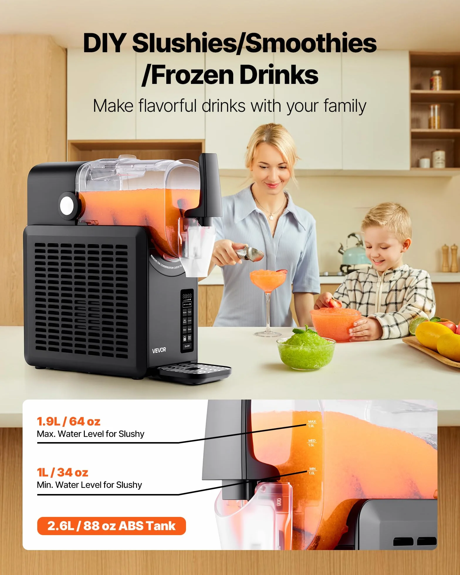 VEVOR Macchina per Granita 2,6 L, 5 Programmi, Autopulizia, Bevande Ghiacciate, Frappé, Milkshake