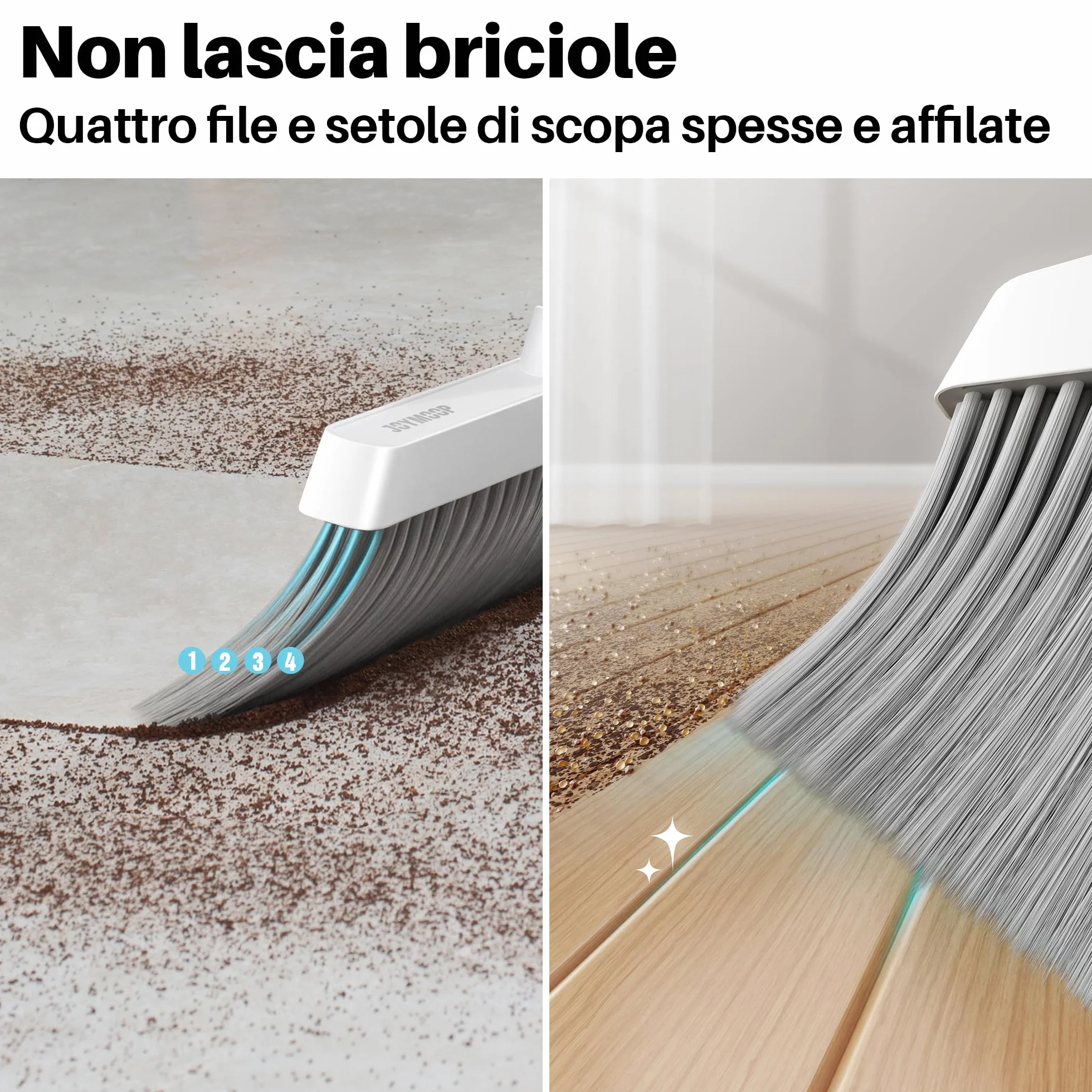 JOYMOOP set scopa e paletta, paletta e spazzola con manico lungo, scopa senza bisogno di piegarsi per uso interno ed esterno, bianco e grigio