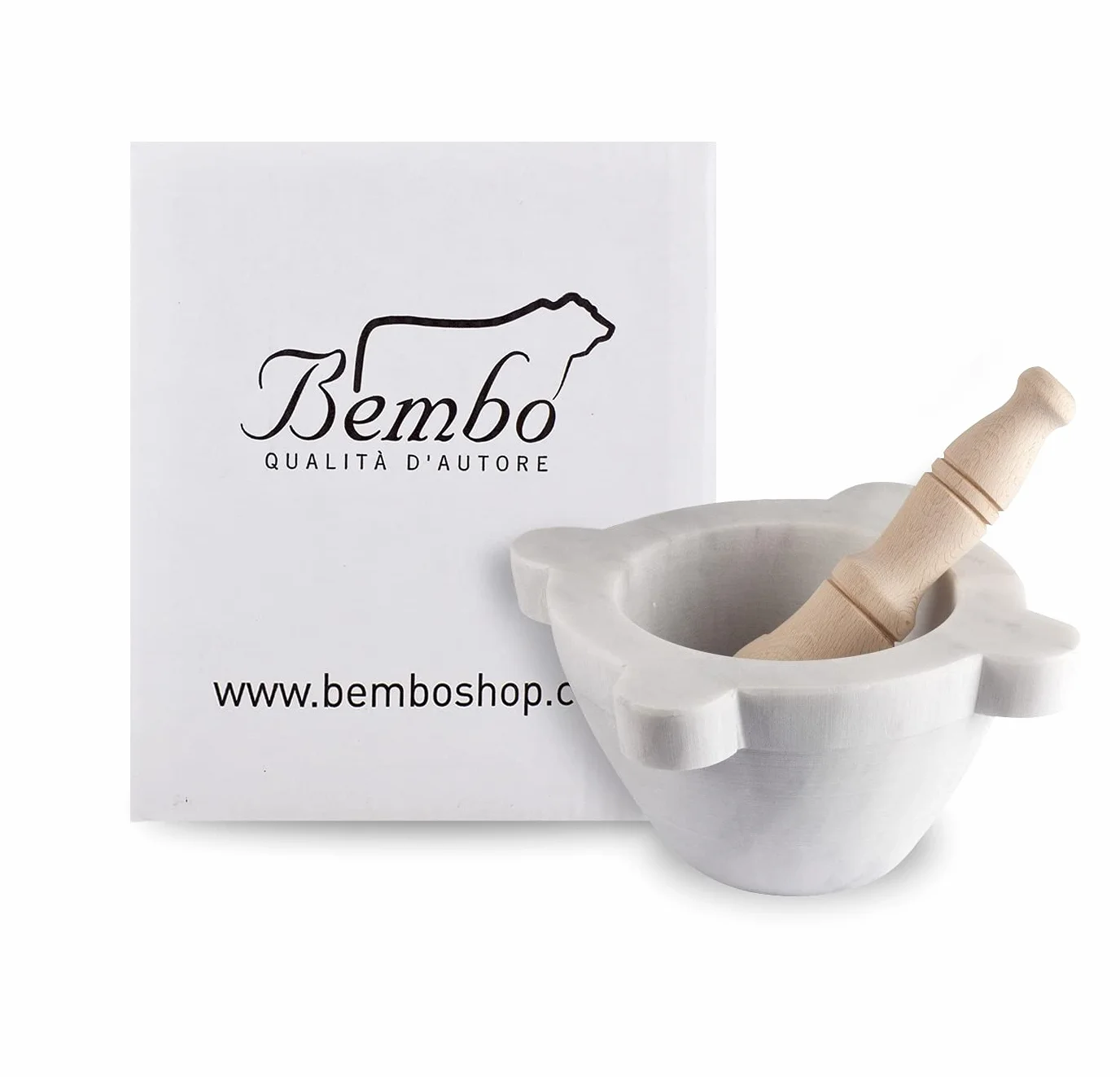 Mortaio Artigianale Bembo Marmo Bianco Carrara Pestello Legno Faggio Made in Italy Modello Genovese ø 20 cm