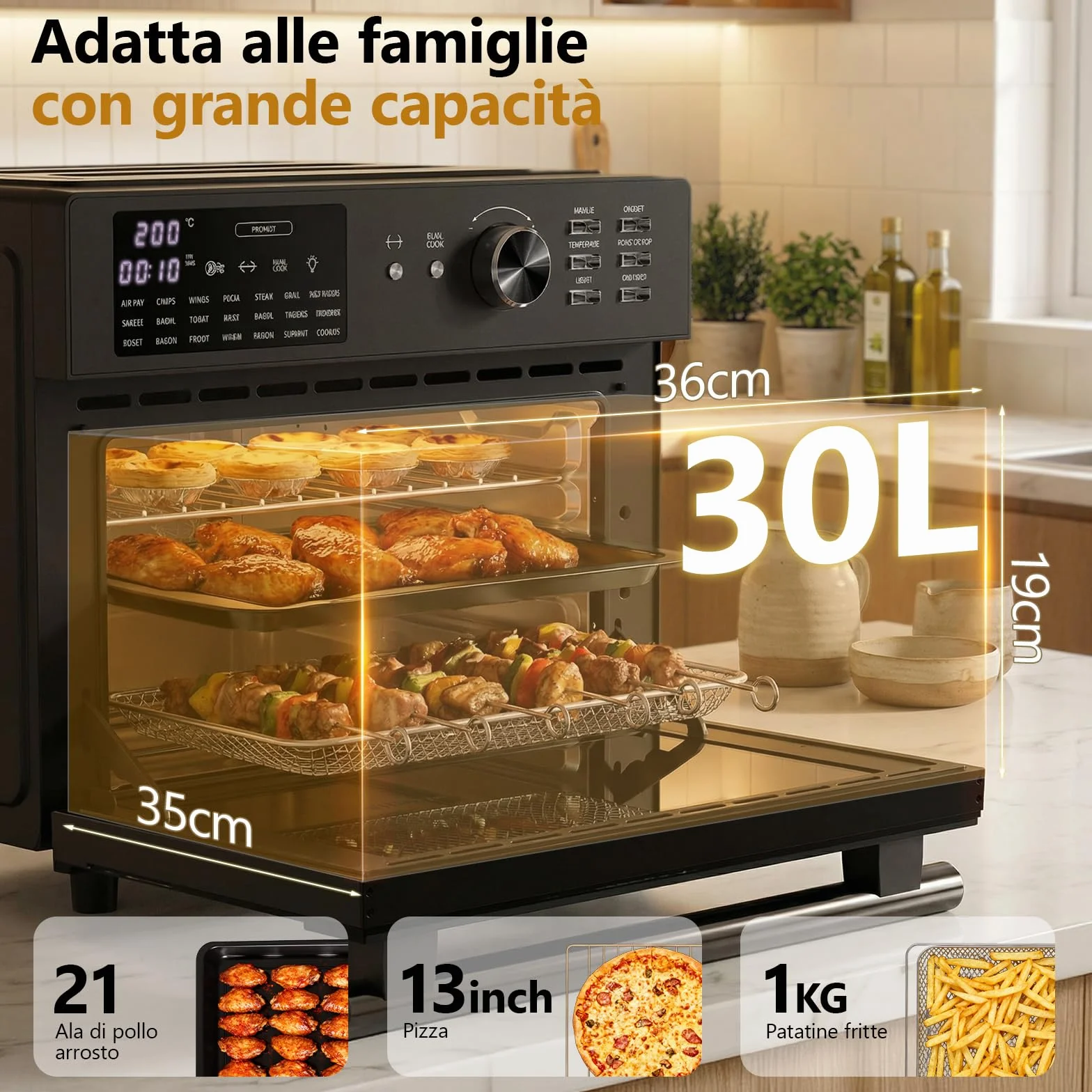 Friggitrice ad aria calda XXL 1800W, forno elettrico 21 in 1 con timer, Dual Cook