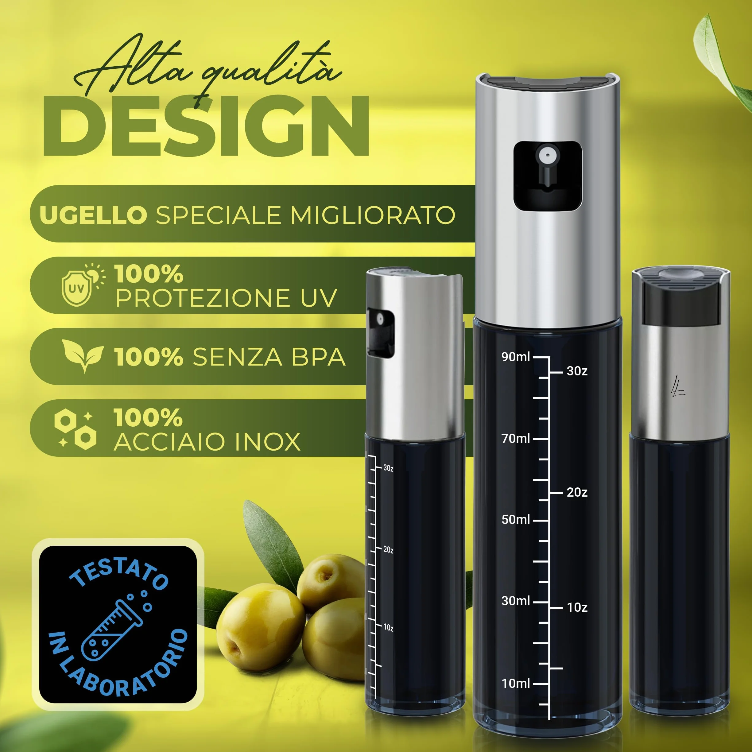 Spruzzatore per olio in vetro verde con protezione UV e rivestimento in acciaio inossidabile 100% senza BPA