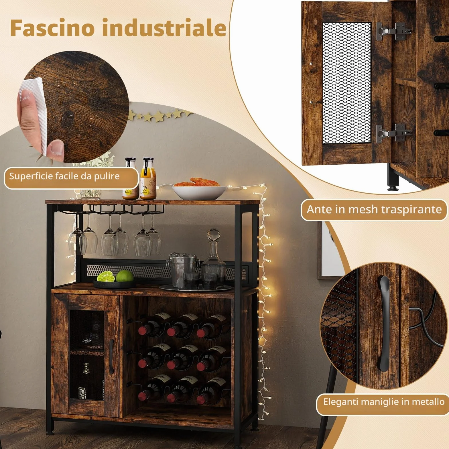 GIANTEX Mobile Porta Vino con 3 Portabicchieri e 9 Scomparti per Bottiglie, Kit Antiribaltamento, Design Industriale per Soggiorno, Sala da Pranzo, Cucina e Bar, Marrone
