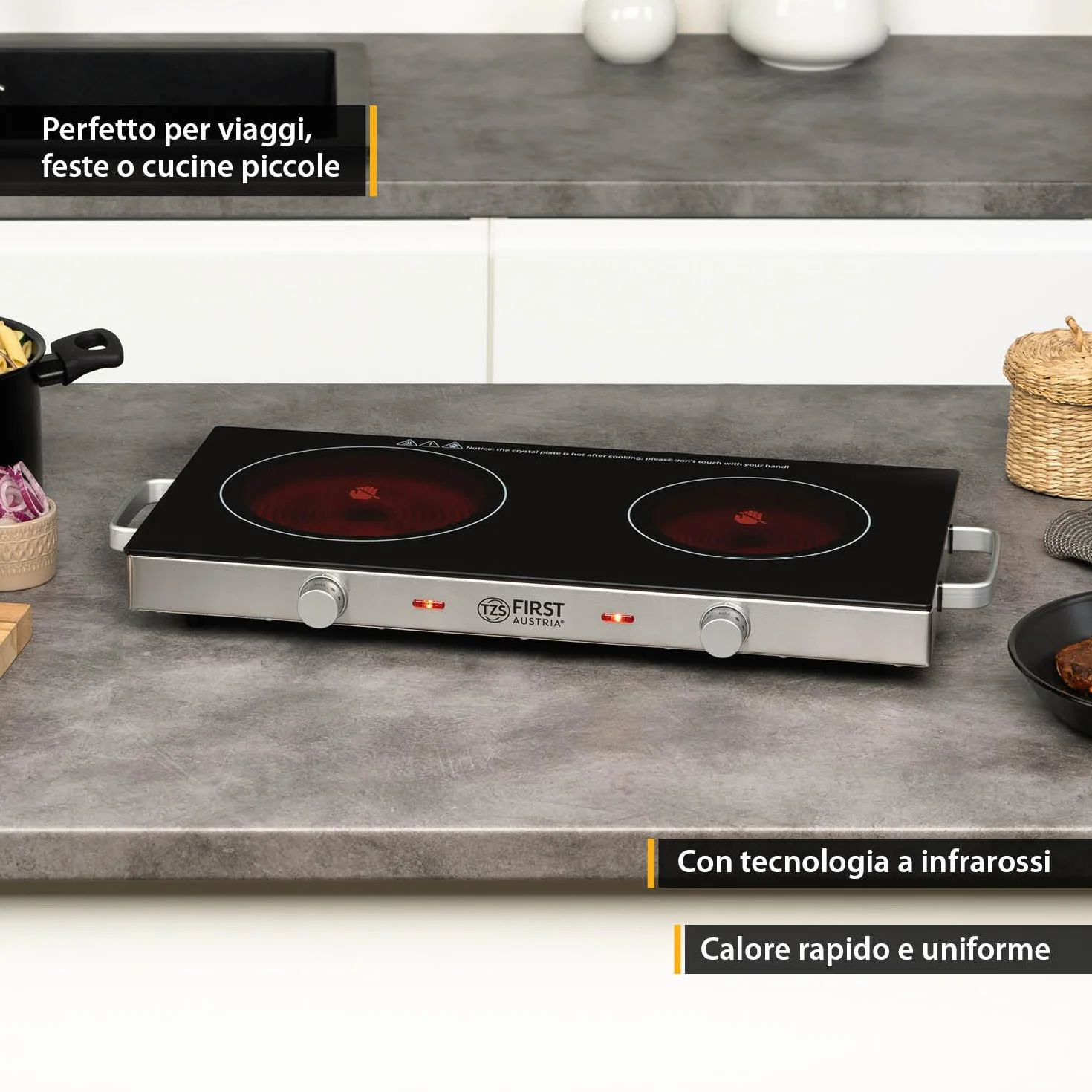 First Austria Piastra di cottura doppia infrarossi vetroceramica 2800W Mini Fornello elettrico