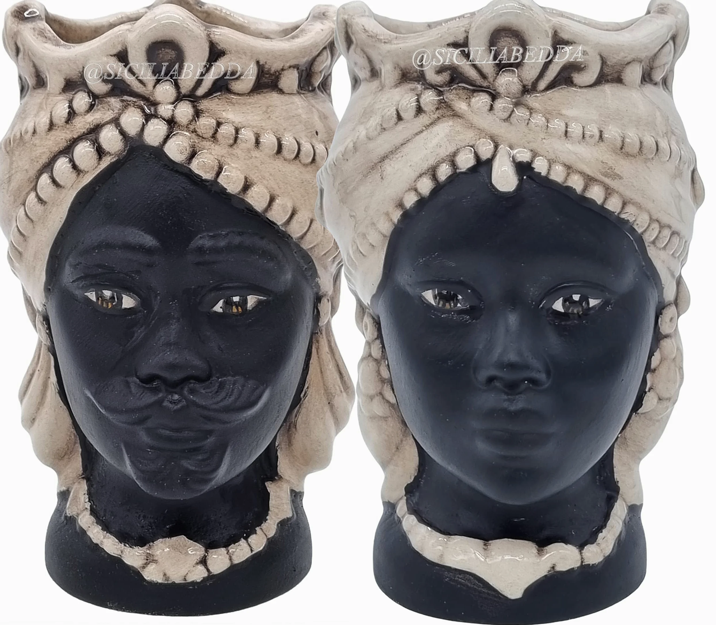 sicilia bedda - Teste di Moro Siciliane in Ceramica di Caltagirone - Volto Satinato/Stile Moderno - Altezza 15Centimetri (Coppia, Avorio)
