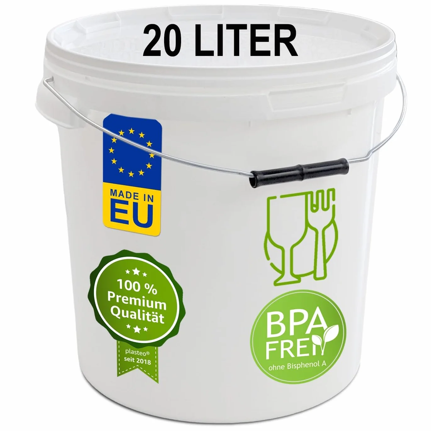 Secchio in plastica, 20 litri, bianco traffico, con coperchio