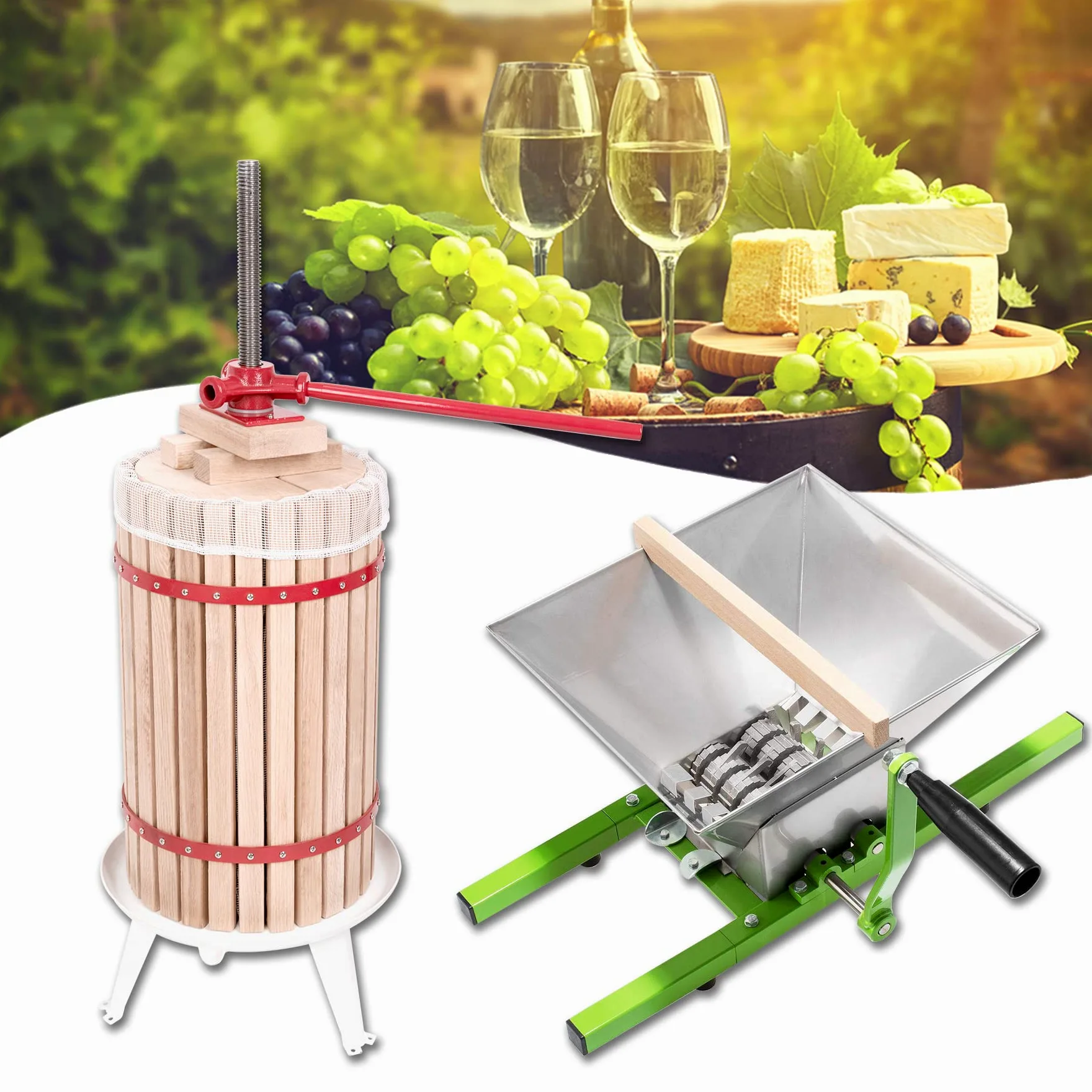 Froadp Set Pressa Mobile per Vino incl. 30L Torchio da Frutta + 7L Macina per Frutta e Verdura in Acciaio Inox Schiacciare Presse Set per la Produzione di Birra Vini di Frutta Succo di Mela
