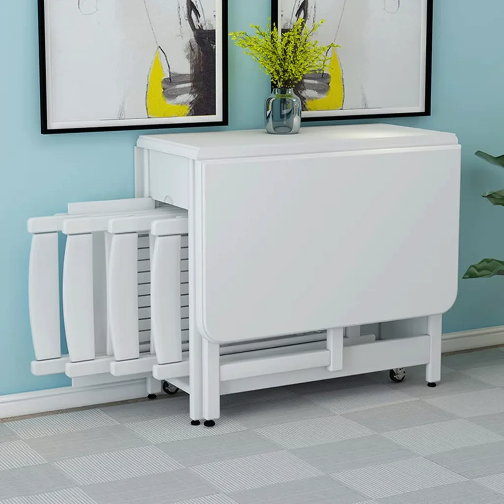 Tavolo e sedia in legno massello, pieghevole, 1,3 m, tavolino con sedia, spazio di archiviazione (1,3 x 0,9 m), tavolo + sedia x 4,bianco)