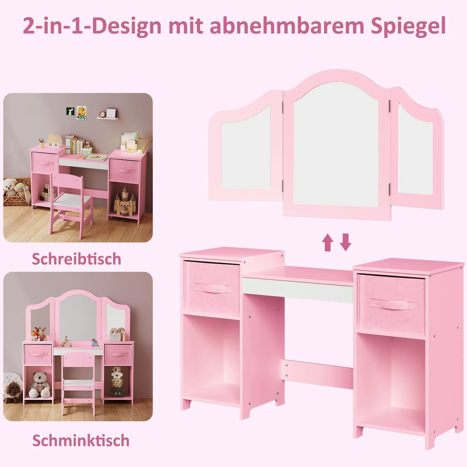 Clevich Toeletta per Bambini in Legno, Con Specchio Staccabile, Cassetti in Tessuto e Sedia, Scrivania per Bambini Robusta, Toeletta Trucco 2 in 1 per Bambina per 3 Anni, 108x30x114 cm (Rosa-Bianco)