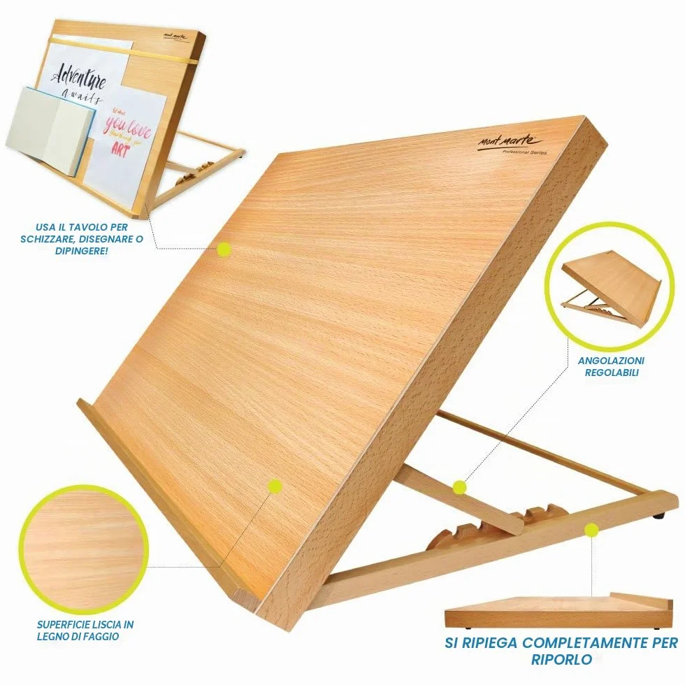 Mont Marte Lavagna da disegno in legno di faggio A3 inclinabile con elastico