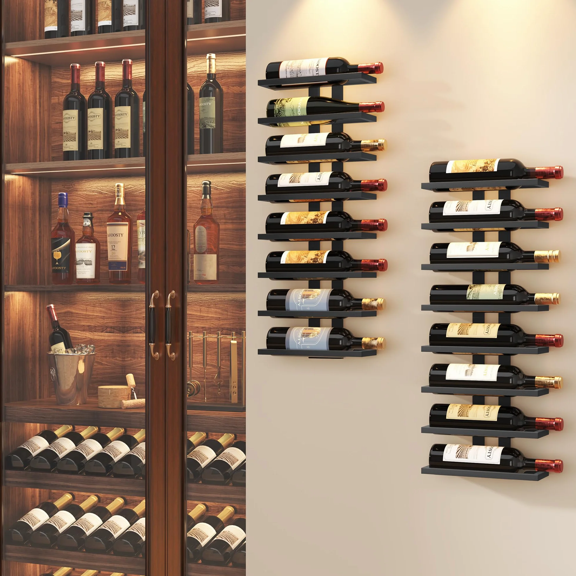 FAVOOSTY Portabottiglie da parete 2 pezzi Scaffale per vino con 8 livelli metallo nero