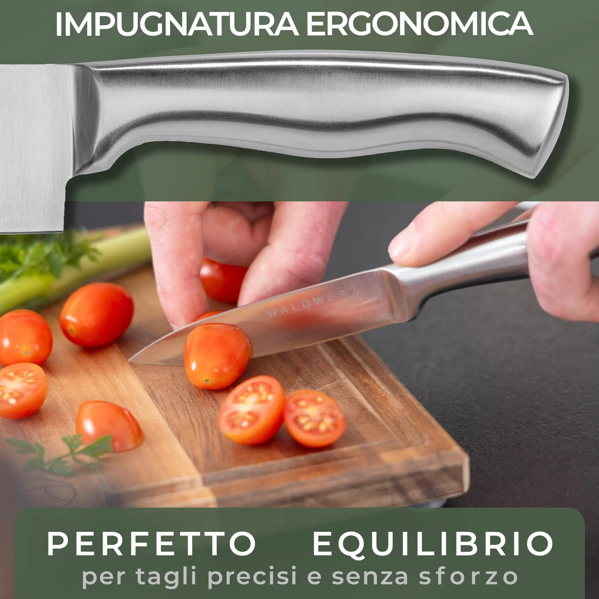 WALDWERK Blocco Coltelli - Set coltelli da cucina 7 pezzi con blocco porta coltelli e affilacoltelli integrato - ceppo coltelli da cucina - set coltelli da cucina professionali