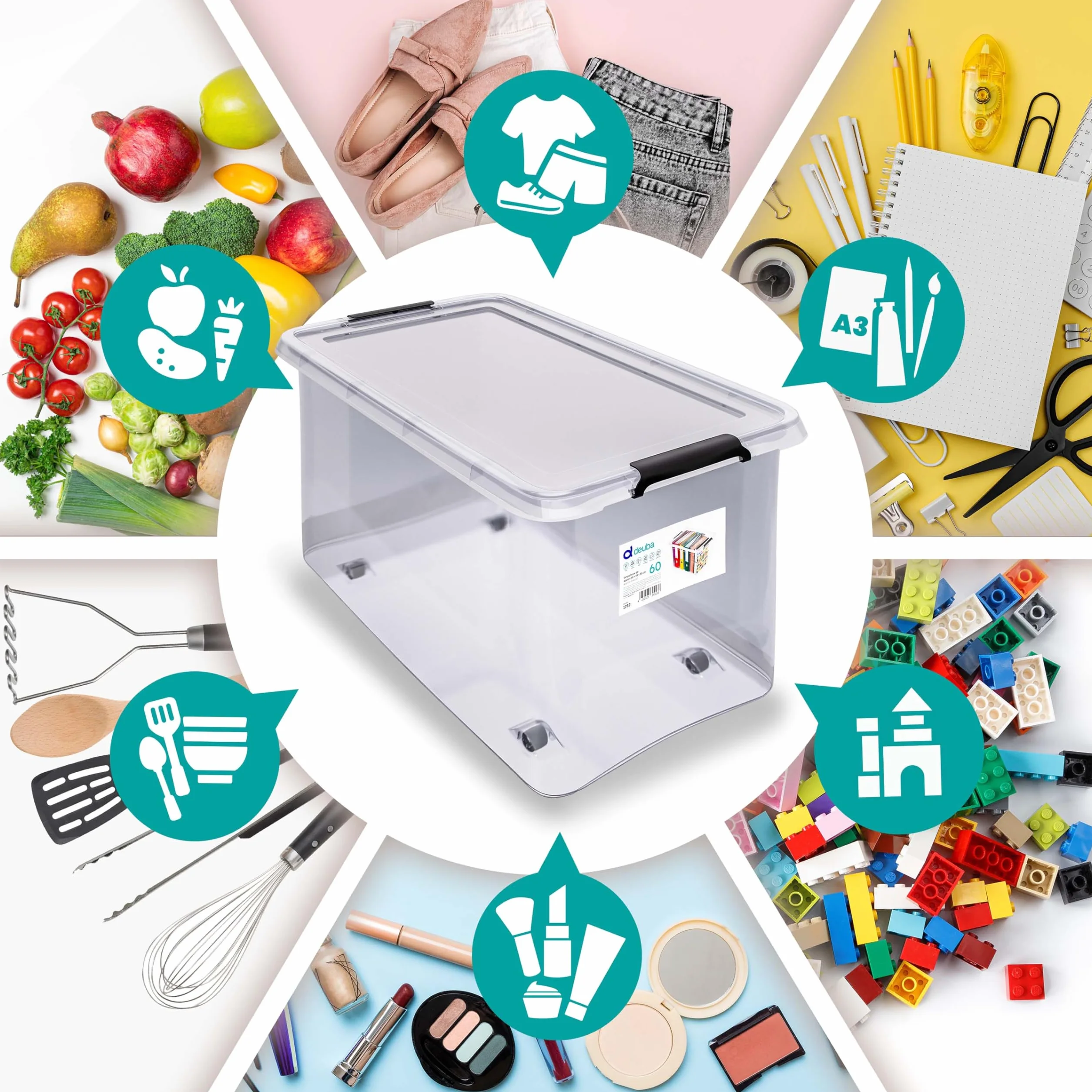 Deuba 6X 60L Scatole in Plastica Trasparente Contenitori con Coperchio Impilabili con Ruote