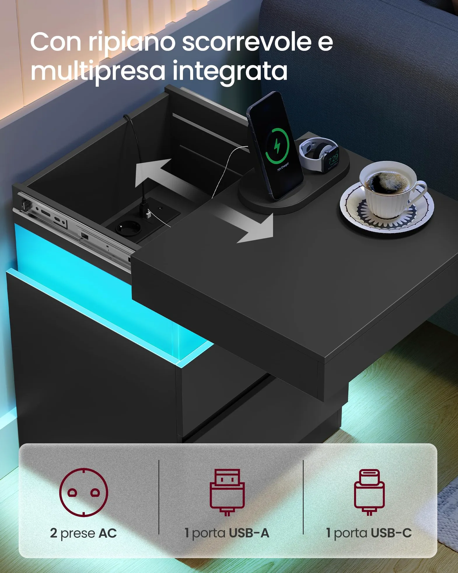 VASAGLE KAILYN Collezione - Comodini con Multipresa, Set di 2, Tavolini con Piano Scorrevole, 2 Cassetti, Striscia LED, Stile Moderno, 35 x 40 x 55 cm, Nero Inchiostro LET840BC01