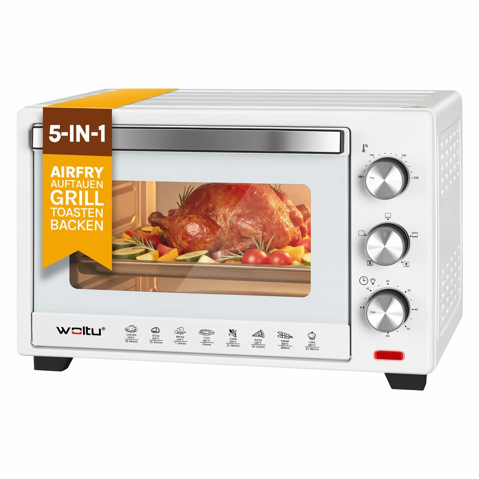 WOLTU Fornetto Elettrico 28L 1600W Temperatura 100-230°C Timer 0-60min Doppio Vetro Bianco