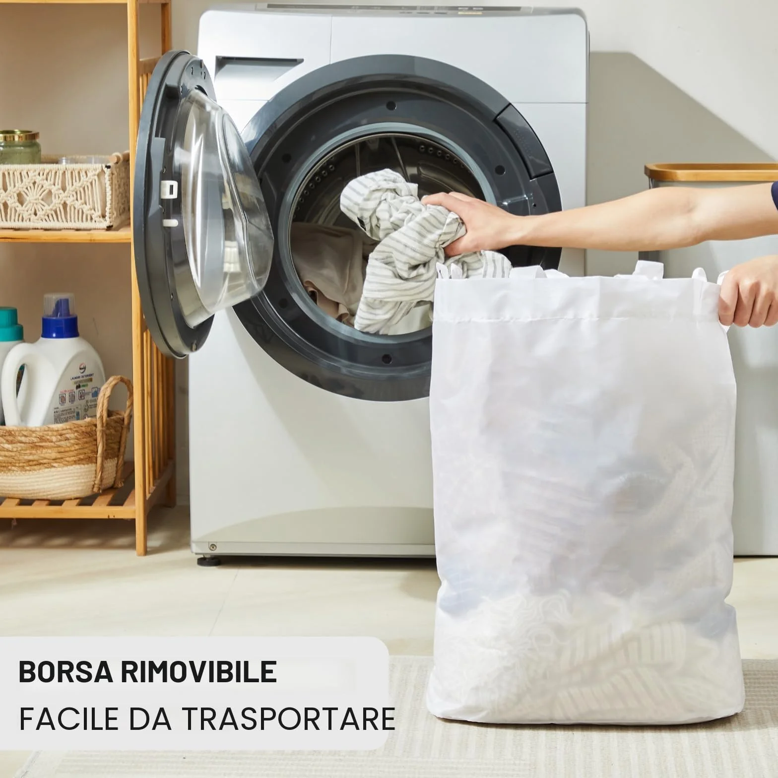 YOUDENOVA - Cesto portabiancheria con coperchio, 48 l, stretto, con sacco grande per la biancheria, pieghevole, in legno di bambù, bianco