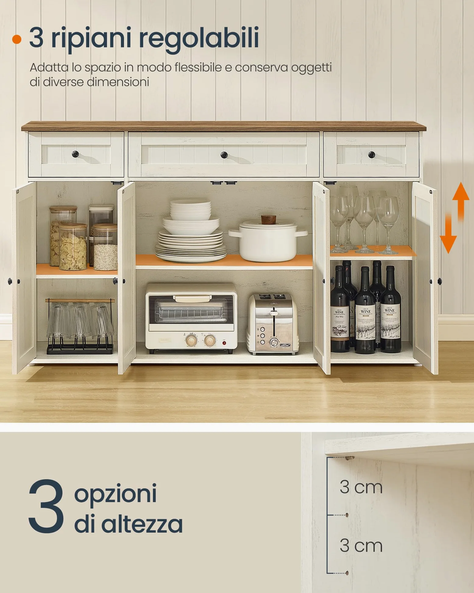 SONGMICS HOME Credenza Montaggio Rapido Senza Attrezzi Toolless, Montaggio Superveloce Senza Utensili, Mobile da Cucina con Piano, Buffet, Ripiani Regolabili, Bianco Vintage e Marrone Miele BBK376WJ02