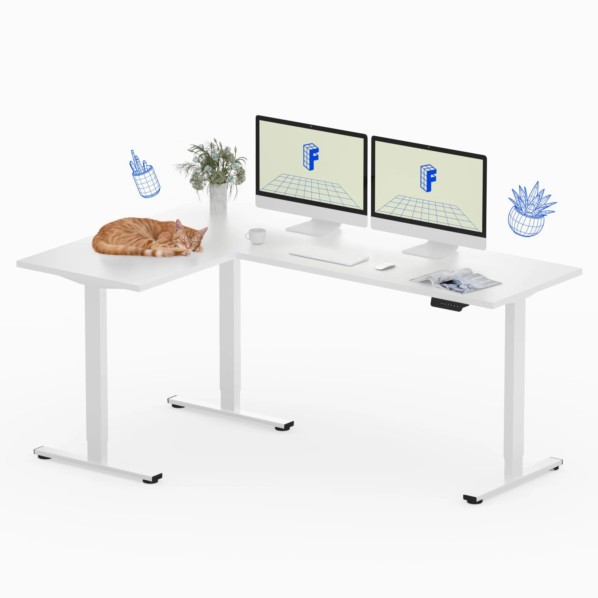 FLEXISPOT - Scrivania da ufficio angolare 180x120cm, tavolo a L con 3 piedi, scrivania elettrica regolabile in altezza con 4 pulsanti di memoria e sistema di sicurezza anti-collisione (Bianco)