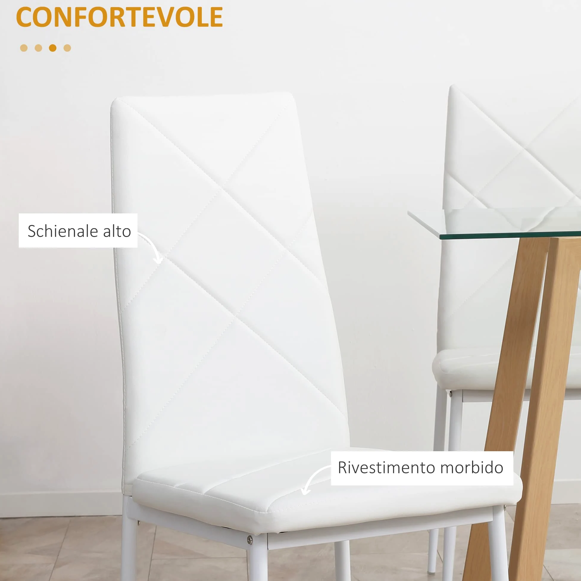 HOMCOM Set 4 Sedie Sala da Pranzo Imbottite con Schienale Alto, Sedie Cucina in Finta Pelle Cuciture a Diamante con Piedini Antiscivoli e Gambe in Acciaio per Soggiorno, 41x50x97 cm, Bianco