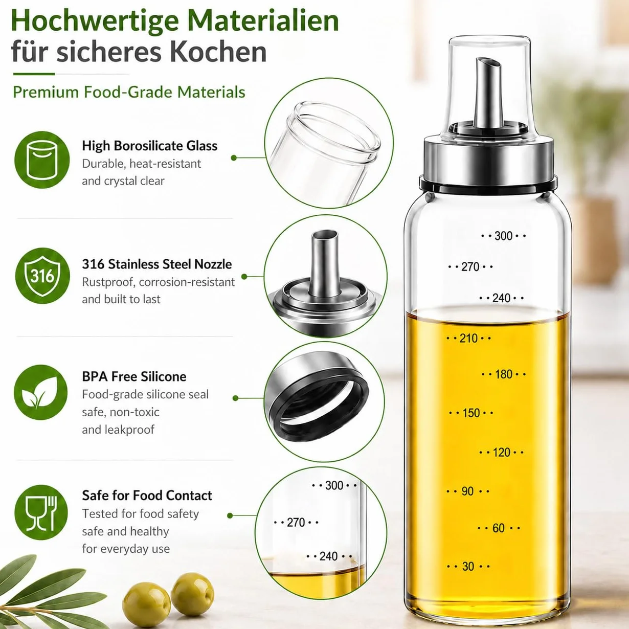MHTECH Bottiglia per olio e aceto , corpo della bottiglia in vetro con scala, uscita dell'olio con funzione di apertura e chiusura automatica (300ml-zhizui)