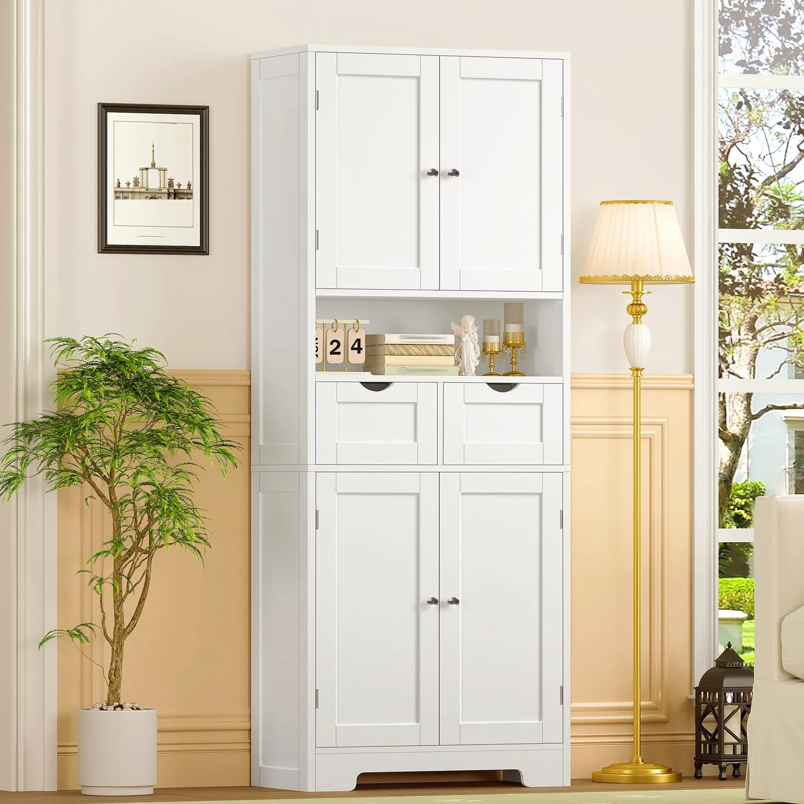 TEENFON Credenza Cucina Alta, Mobile Dispensa Alto 4 Ante e 2 Cassetti con Ripiani Regolabili e Portaspezie sulla Porta, Armadio Multiuso per Cucina, Soggiorno, Bagno, 60 x 30 x 161 cm, Bianco