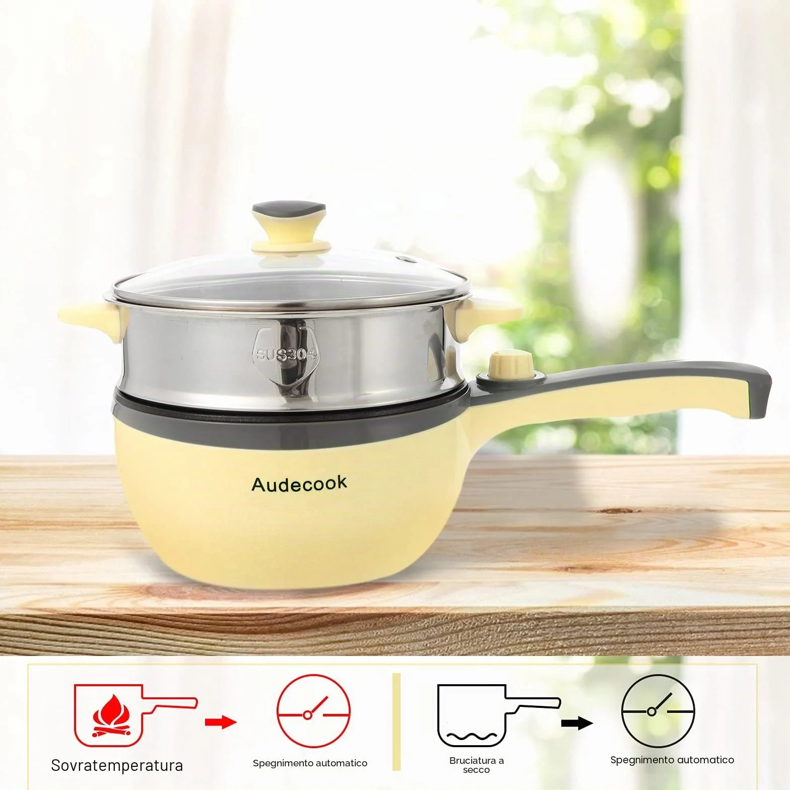 Audecook Padella Elettrica 20 cm Antiaderente Multifunzione Portatile con Vaporiera - Giallo
